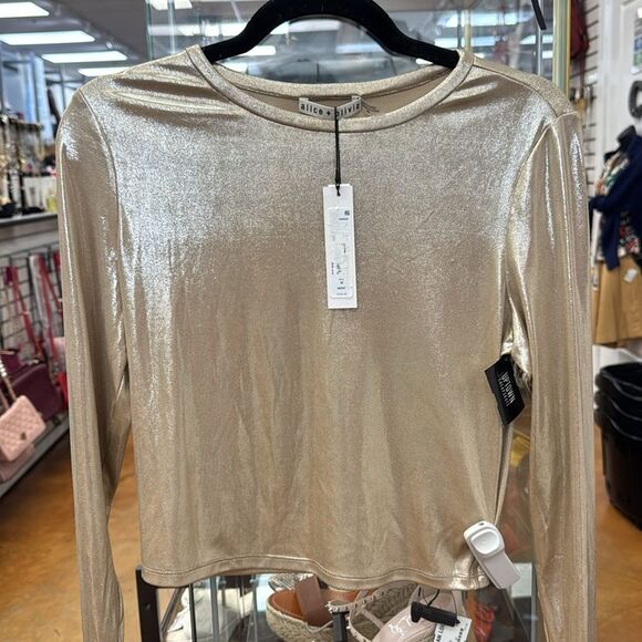 Alice + Olivia Shimmering Gold Long Sleeve Top - Picture 2 of 7